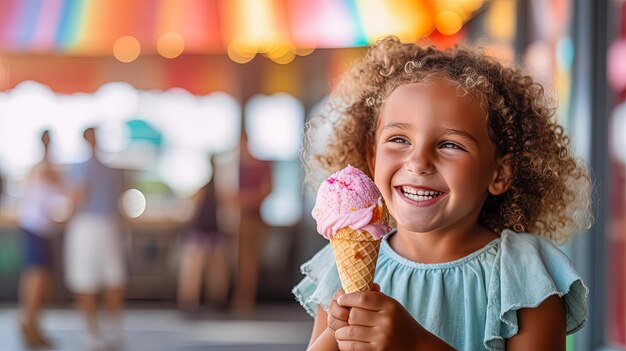 Una adorable niña disfrutando alegremente de un helado