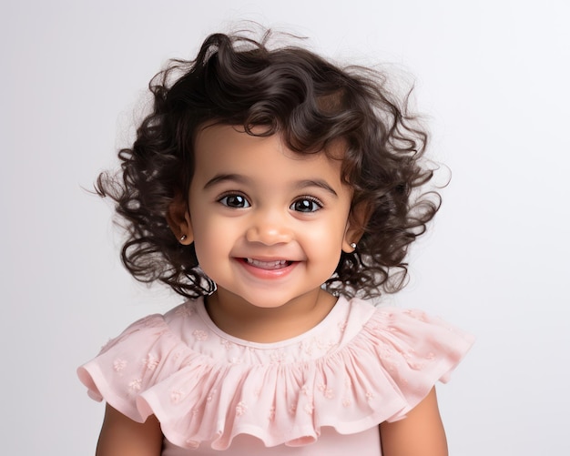 Adorable niña india con top corto rosa pastel y falda blanca con volantes sonriendo con deleite