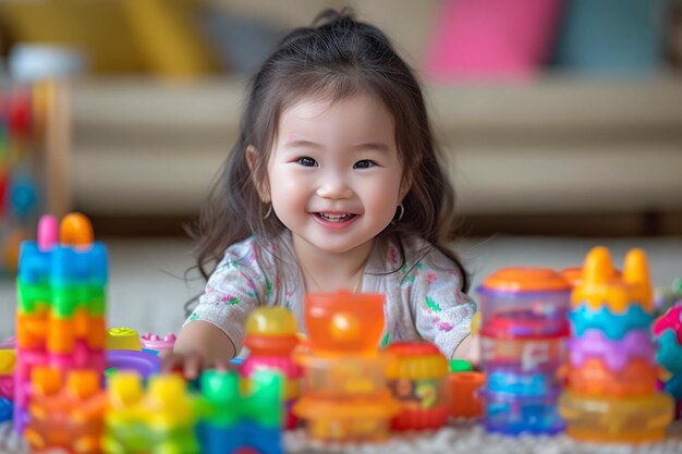 Una adorable niña jugando con juguetes coloridos en el suelo