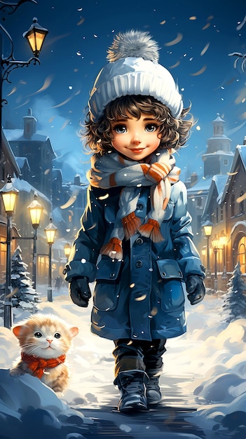 Adorable niña muñeco de nieve rodeado de copos de nieve en una noche mágica de Navidad