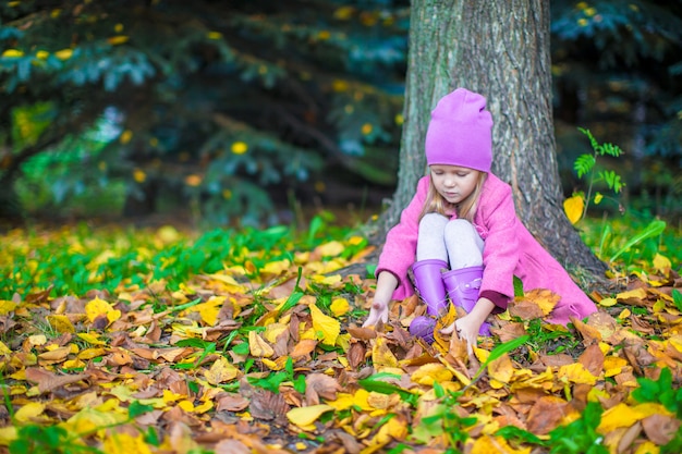 Adorable niña en el parque otoño en día soleado de otoño