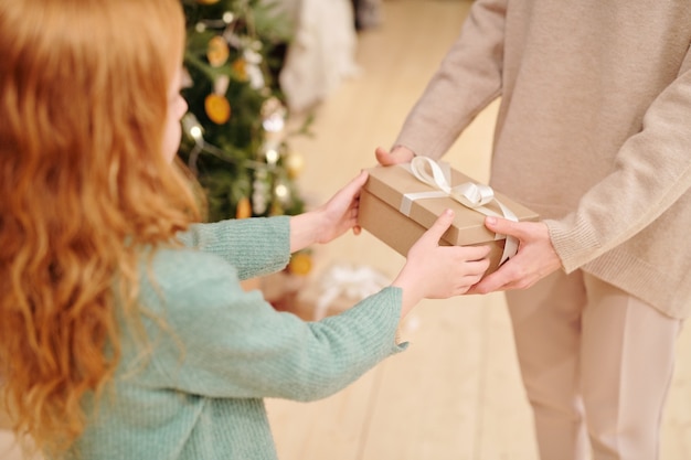 Adorable niña en ropa casual tomando giftbox con regalo de Navidad de su madre mientras está de pie junto a un árbol decorado en el hogar.