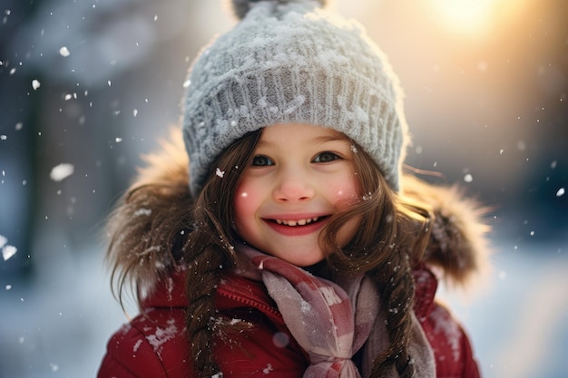 Esta adorable niña se ve acogedora y linda con su traje de invierno con un sombrero y una bufanda mientras juega en la nieve Días soleados Sonrisas Felicidad infantil generada por IA