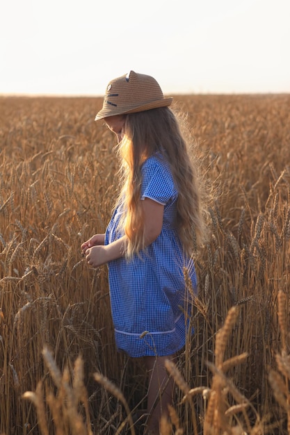 Adorable niña en un vestido de verano a cuadros azul sombrero de paja en el campo de campo de trigoNiño con cabello largo y rubio ondulado