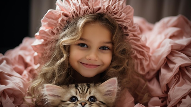 Una adorable niñita con pelo rubio con abrigo de piel y sombrero sentada con un abrigo de piel rosa mirando a la cámara sonriendo