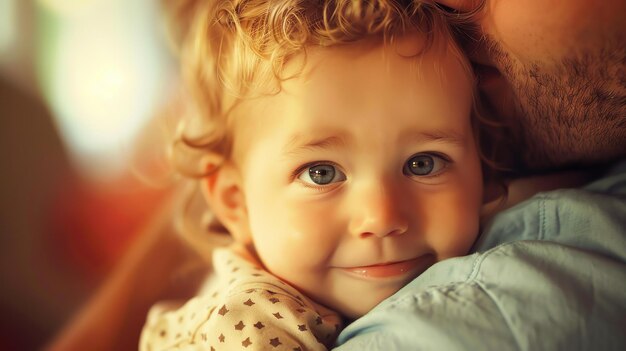 Un adorable niño con cabello rubio rizado y grandes ojos azules es sostenido cerca por un adulto amoroso