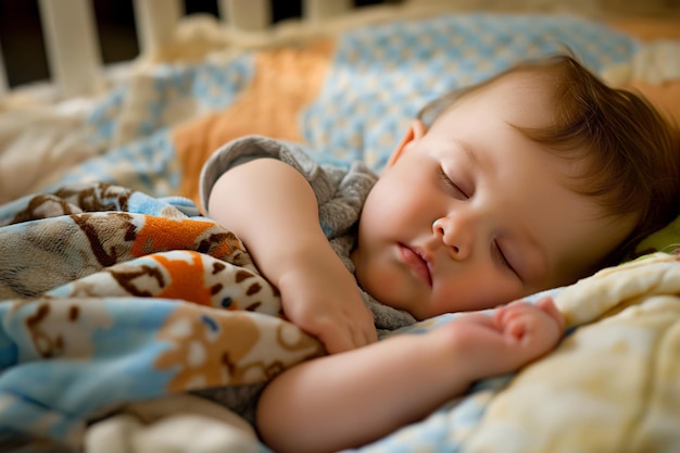 Adorable niño caucásico durmiendo tranquilamente en un dormitorio acogedor y relajado mostrando la inocencia y la tranquilidad de la siesta de la infancia