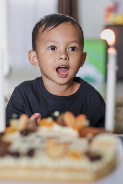 Adorable niño celebrando su cumpleaños con pastel casero, interior.