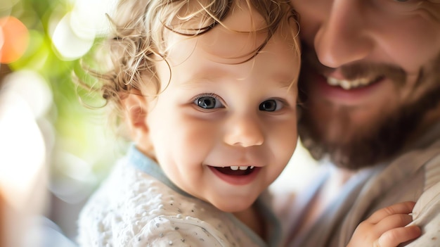 Un adorable niño pequeño con cabello rubio rizado y ojos azules es sostenido cerca por su amoroso padre el niño pequeño está sonriendo y le falta un diente