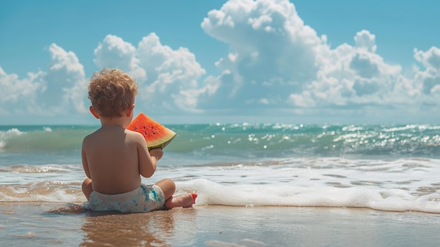 Adorable niño en una playa de arena comiendo una exquisita sandía en el espacio de verano IA generativa