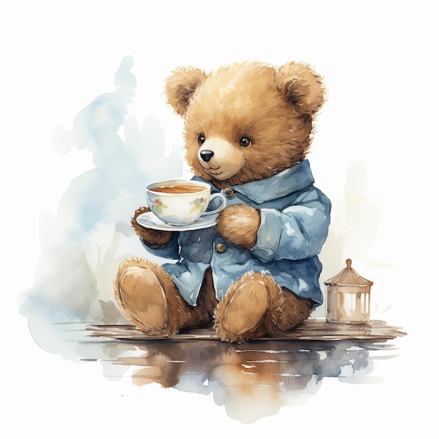 un adorable osito de peluche bebiendo de una taza de café al estilo de la ilustración de moda