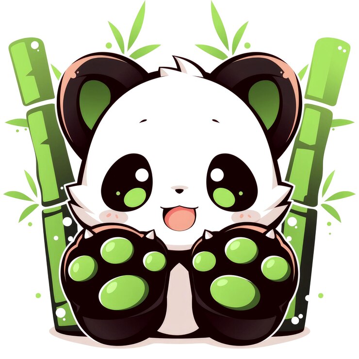 Foto adorable oso panda de dibujos animados con patas verdes y bambú
