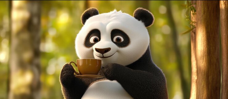 Foto adorable oso panda de dibujos animados sosteniendo una taza de café en un bosque verde sonriendo