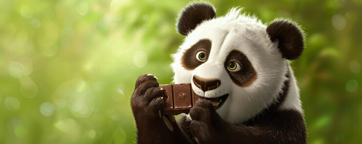 Foto un adorable oso panda sosteniendo un caramelo de chocolate en un telón de fondo verde el pelaje del panda es