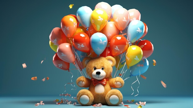 Un adorable oso de peluche 3D sosteniendo un ramo de globos gigantes