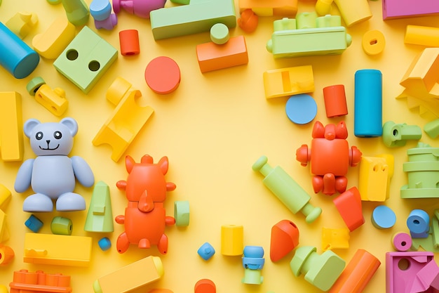 Foto adorable oso de peluche rodeado de una vibrante variedad de juguetes para que los niños disfruten de la ia generativa