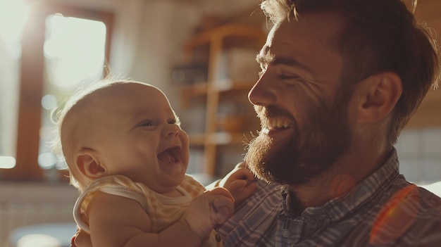 un adorable padre sonriente sosteniendo a su lindo bebé recién nacido en casa