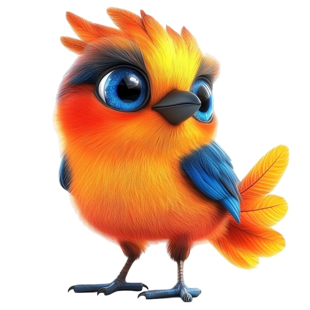 Adorable pájaro amarillo con grandes ojos azules y plumas esponjosas