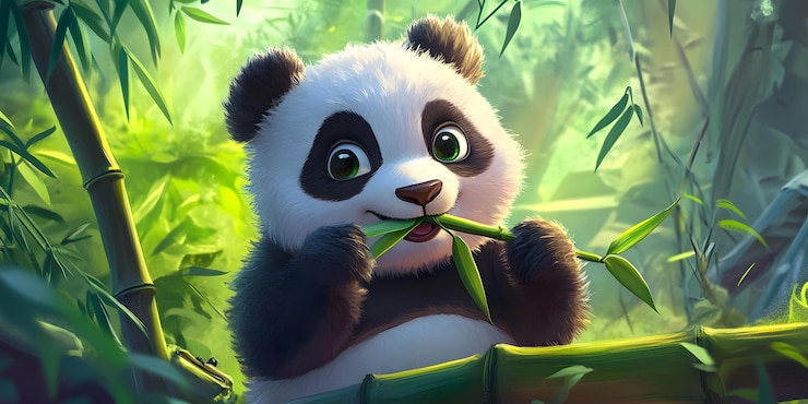 Foto el adorable panda comiendo brotes de bambú