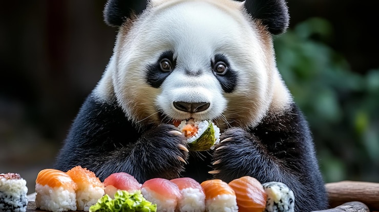 Foto el adorable panda disfrutando de un banquete de sushi