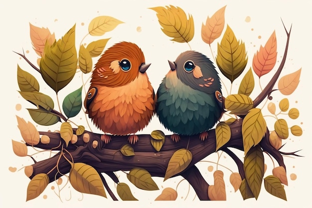 Adorable pareja de pájaros ilustrada posada en la rama de un árbol con hojas IA generativa
