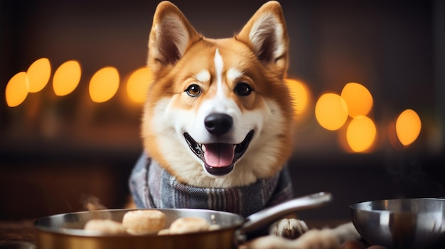 Adorable pastel de horneado de perro husky en fondo de cocina blanco desenfocado con espacio de copia para el texto