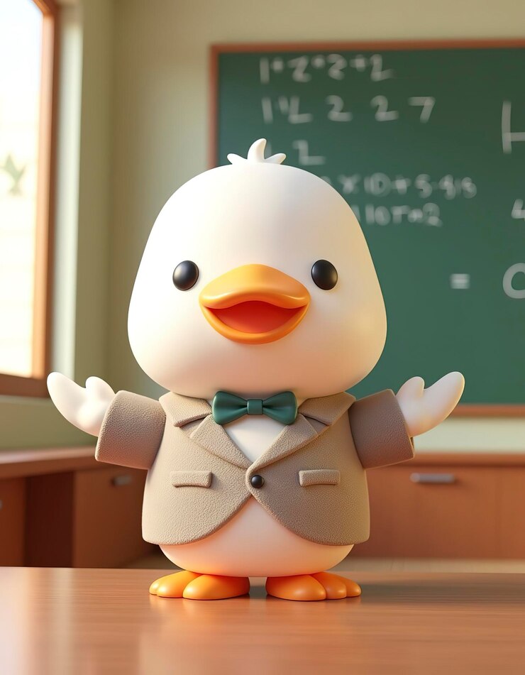 Adorable pato de dibujos animados en 3D enseñando en la clase