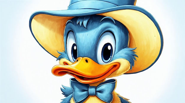 Adorable pato de dibujos animados con sombrero y pajarita