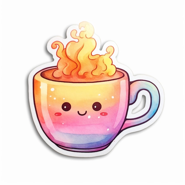 Adorable pegatina de taza de acuarela kawaii con una cara sonriente y una caprichosa tapa espumosa de colores pastel perfecta para diseños alegres