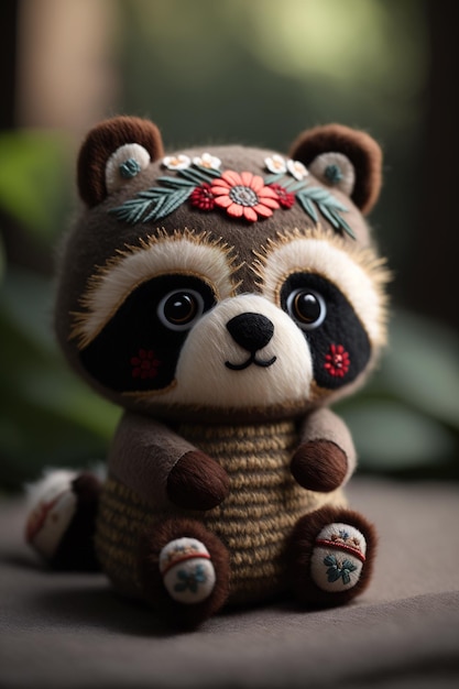 Adorable peluche de mapache chibi bordado