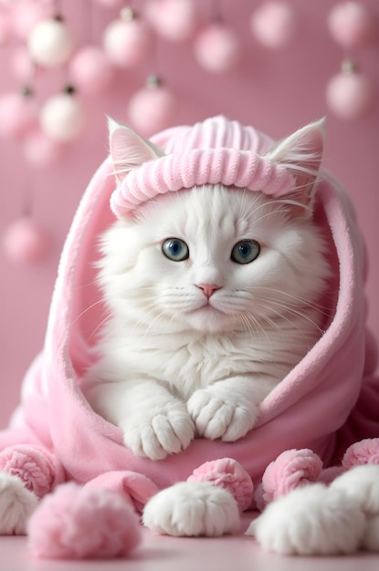 Adorable pequeño gato peludo blanco con papel tapiz de sombrero rosa animal de fondo pancarta con espacio de copia
