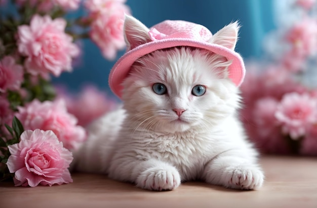 Adorable pequeño gato peludo blanco con papel tapiz de sombrero rosa animal de fondo pancarta con espacio de copia