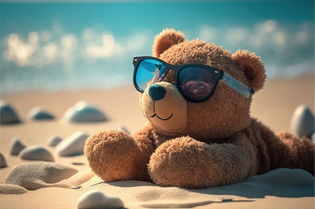 Adorable pequeño oso con gafas de sol en la playa