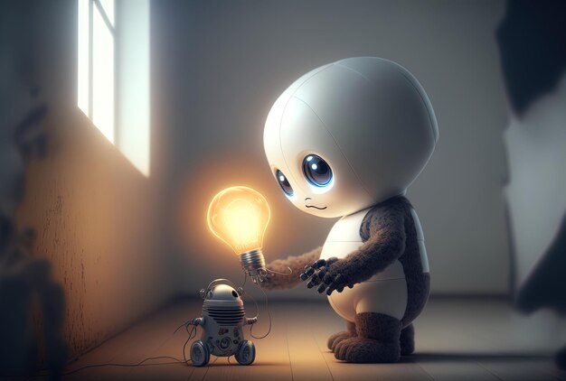 Adorable y pequeño robot ayudante con inteligencia artificial y una bombilla