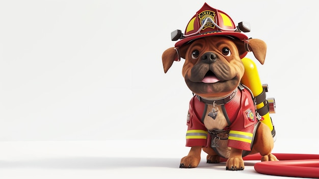Adorable perro 3D vestido de bombero listo para salvar el día con su casco y la manguera en la mano este valiente cachorro trae encanto y heroísmo a cualquier proyecto perfecto para libros infantiles