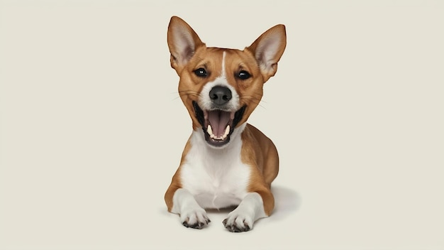 Adorable perro basenji bostezando o hablando aislado en blanco