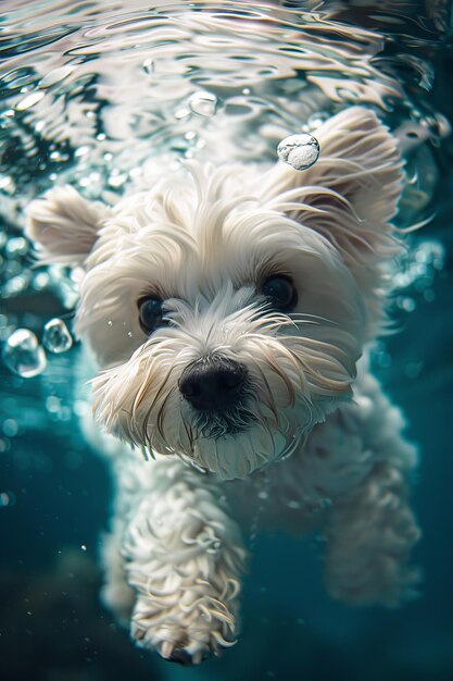 Adorable perro blanco nadando bajo el agua con burbujas