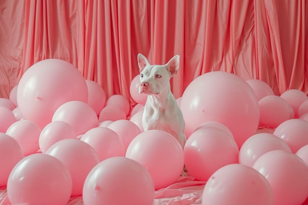 Adorable perro blanco sentado entre globos rosados con telón de fondo drapeado para la fiesta