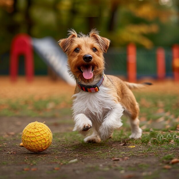 Adorable perro caminando y jugando con una pelota de juguete al aire libre para las redes sociales