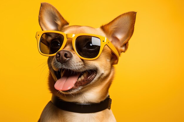 adorable perro chihuahua sonriente con gafas de sol amarillas sobre un fondo amarillo brillante