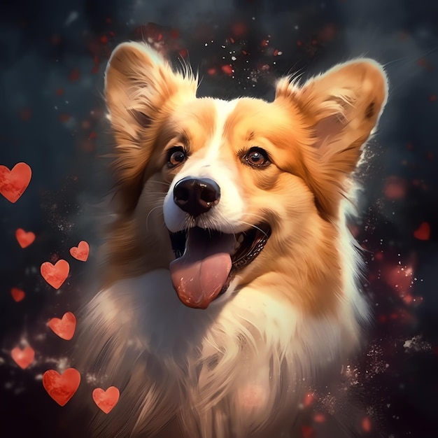 El adorable perro corgi está sonriendo el divertido y lindo corgi con flores enamorado