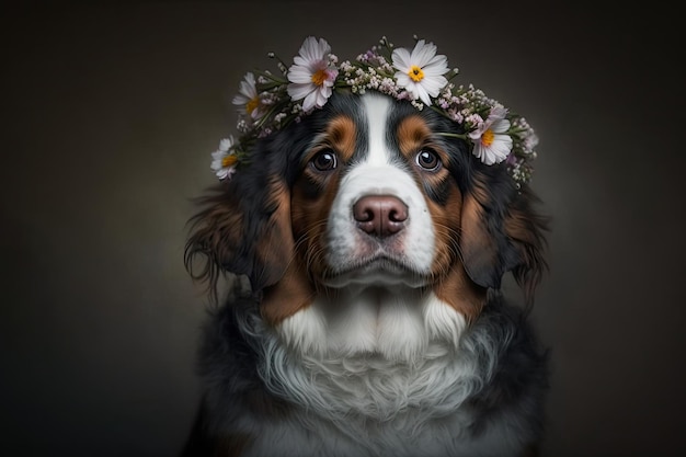 Adorable perro con una corona de flores.