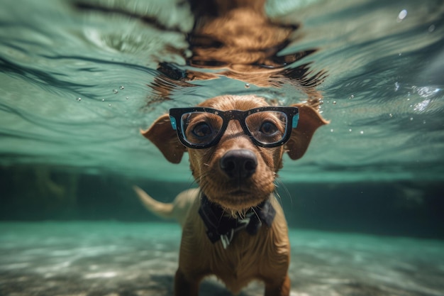 Adorable perro con gafas nadando en el océano tropical