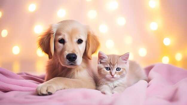 El adorable perro y el gatito se acurrucan juntos