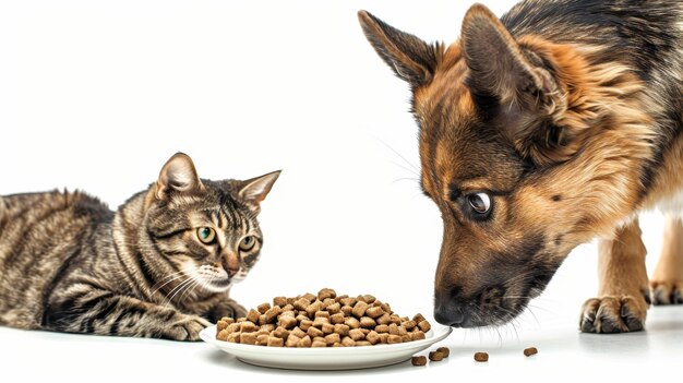 Foto adorable perro y gato compartiendo comida para mascotas ia generativa