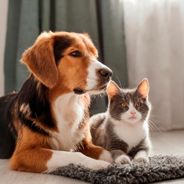 Adorable perro y gato en el interior