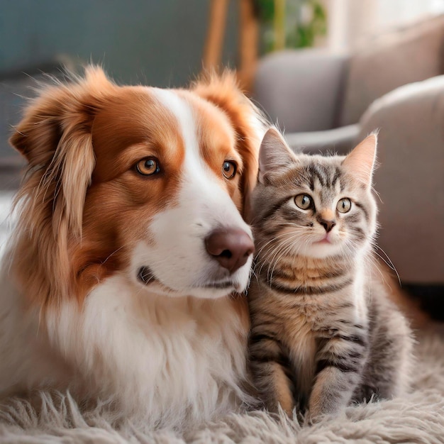 Adorable perro y gato en el interior