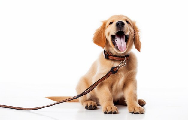 Adorable perro Golden Retriever con correa sobre fondo blanco.