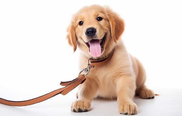 Adorable perro Golden Retriever con correa sobre fondo blanco.