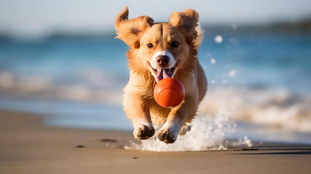 Foto adorable perro jugando a buscar en la playa